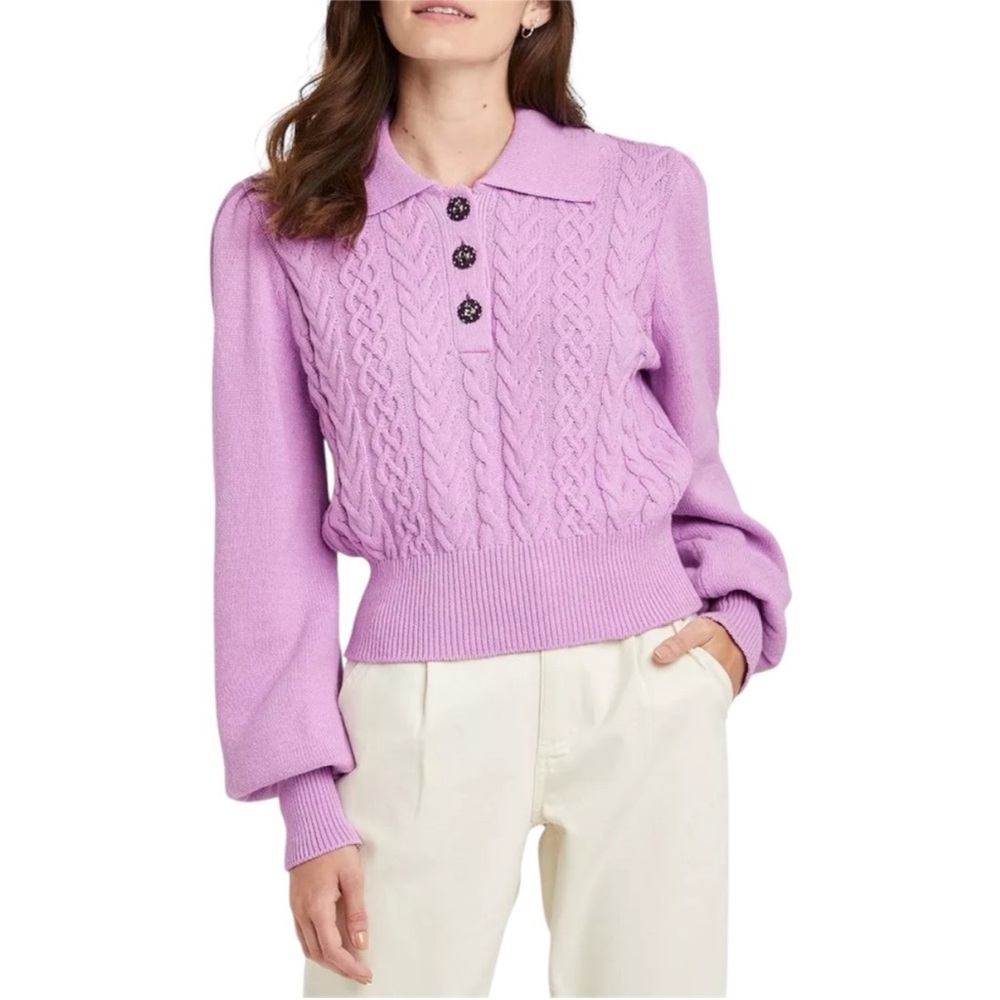 Who What Wear Lilac Cable-Knit Polo Sweater with Crystal Buttons